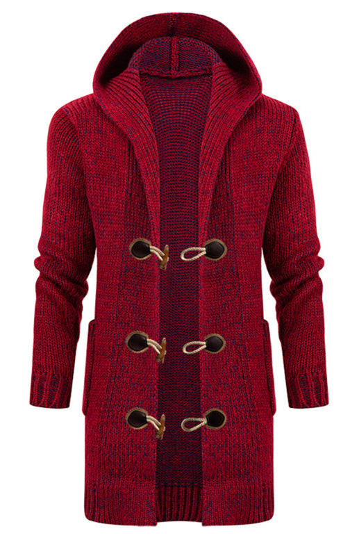 Men’s Mid Length Hooded Knit Cardigan Horn Buckle Hooded Long Sweater - Burgundy with buttons / M