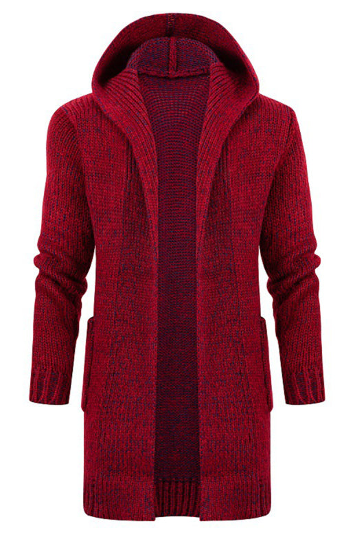 Men’s Mid Length Hooded Knit Cardigan Horn Buckle Hooded Long Sweater - Burgundy without buttons / M