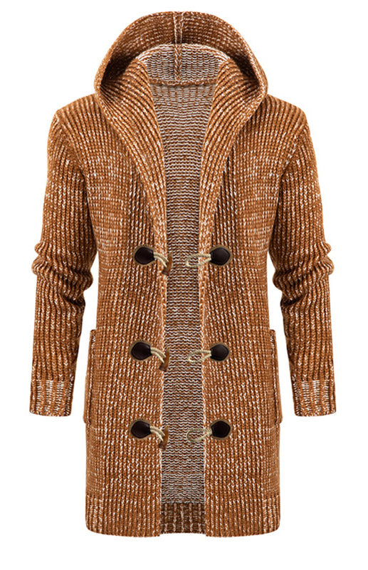 Men’s Mid Length Hooded Knit Cardigan Horn Buckle Hooded Long Sweater