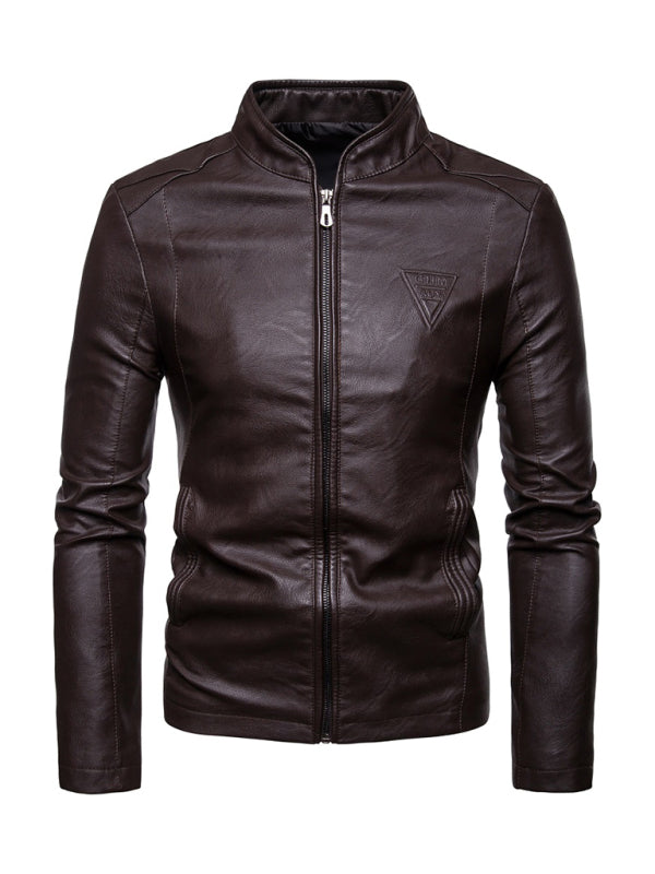 Men’s motorcycle zipper stand collar leather jacket - Coffee / M