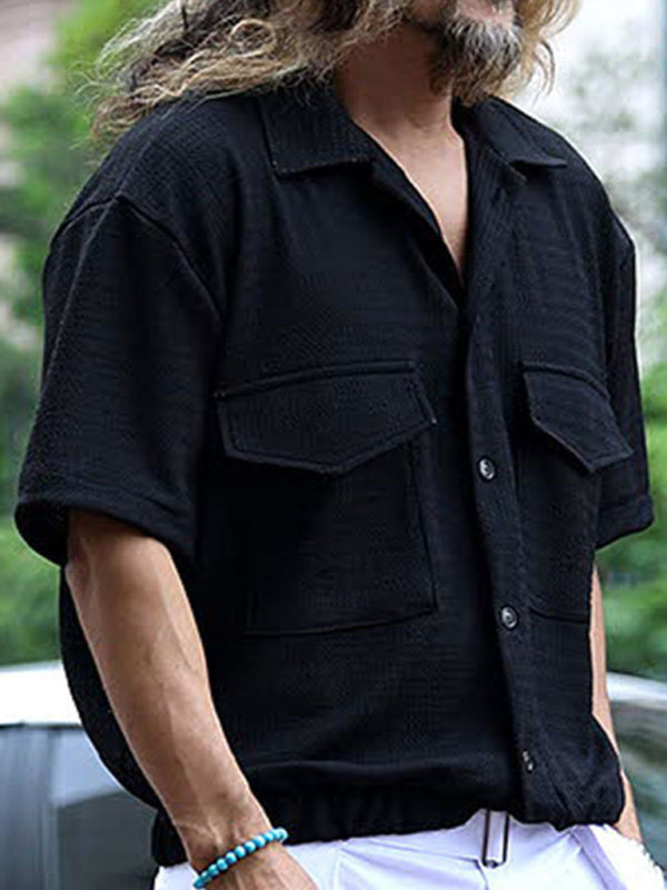Men’s new cardigan front pocket casual short-sleeved shirt