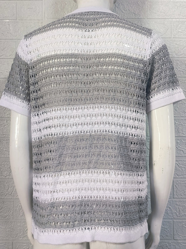 Men’s new lapel short-sleeved color-blocked cardigan