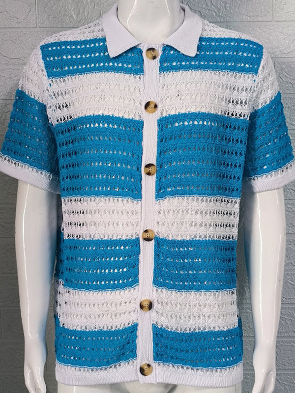 Men’s new lapel short-sleeved color-blocked cardigan