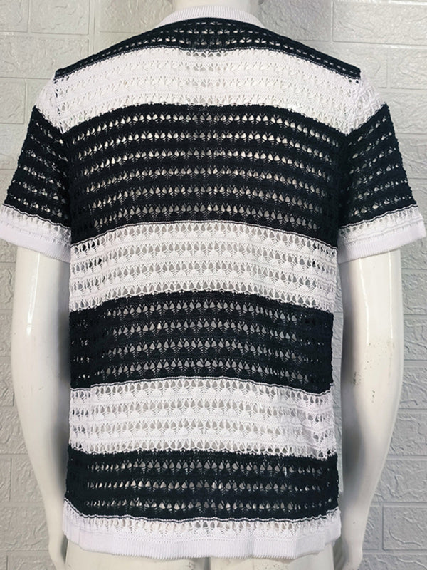 Men’s new lapel short-sleeved color-blocked cardigan