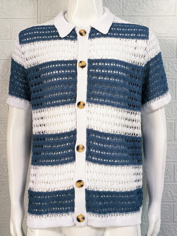 Men’s new lapel short-sleeved color-blocked cardigan