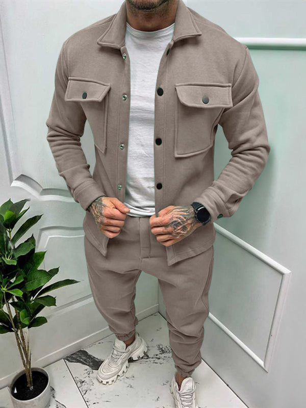 Men’s new long-sleeved trousers single-breasted jacket solid color slim two-piece set