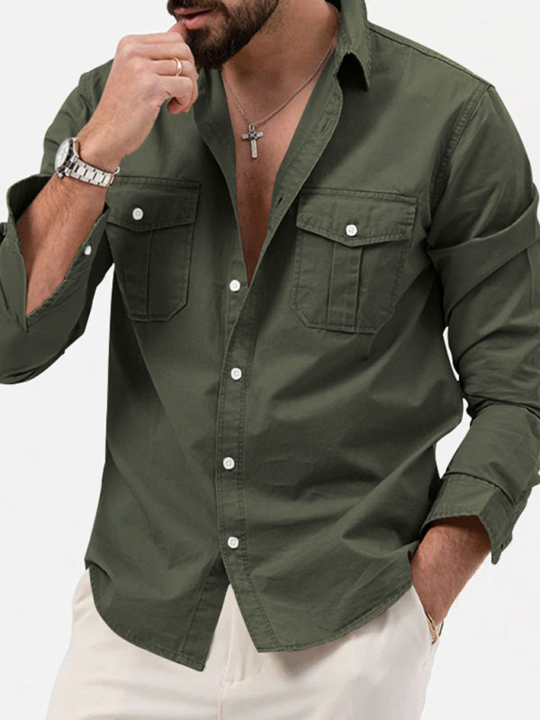 Men’s new multi-pocket casual long-sleeved shirt top - Olive green / S