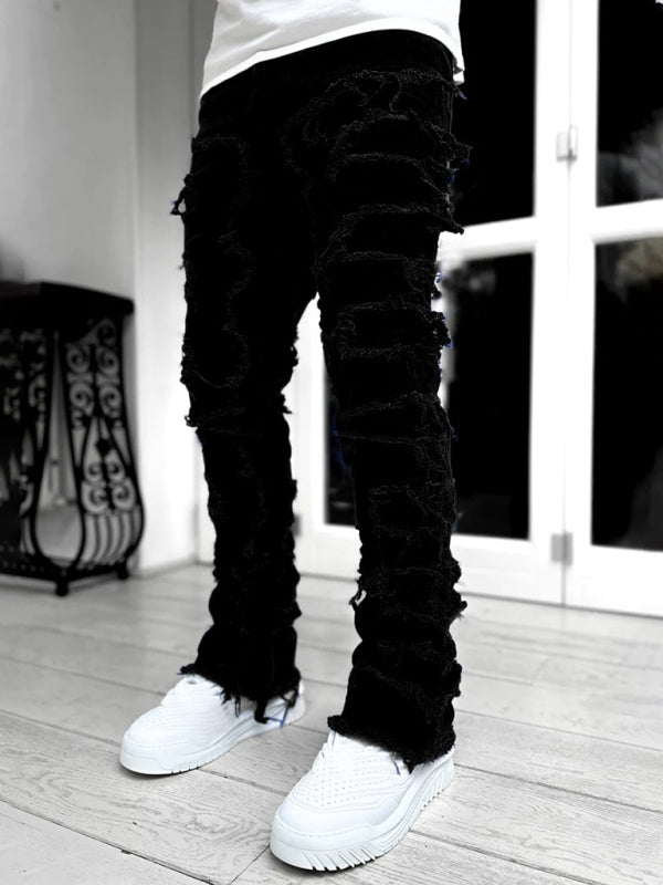 Men’s new stretch patch denim straight pants - Black / S