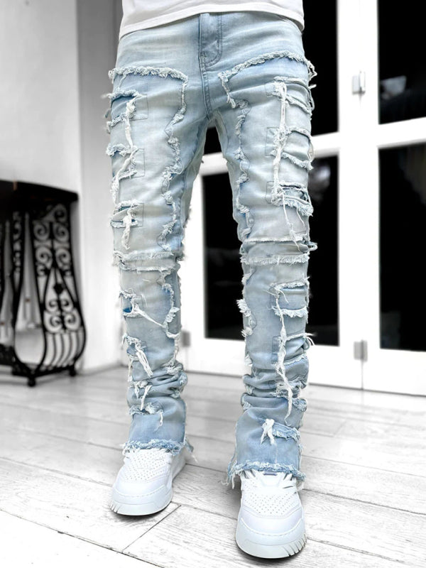Men’s new stretch patch denim straight pants - Clear blue / S