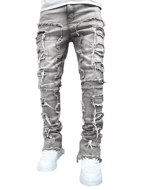 Men’s new stretch patch denim straight pants - Grey / S