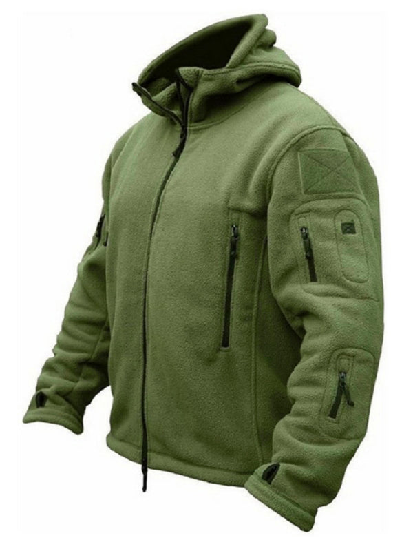 Men’s Outdoor Warm Liner Fleece Jacket Cold-Proof Jacket Wind Hood Solid Color Hooded Jacket