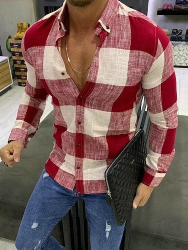 Men’s Plaid Lapel Collar Button-Up Shirt - Red / S