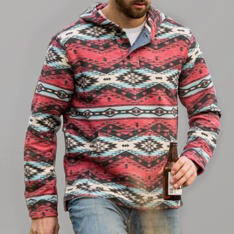 Men’s retro geometric print long sleeve hoodie - Red / S