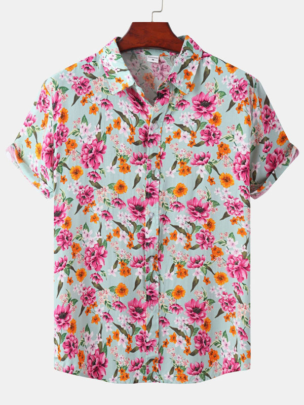 Men’s Short Sleeve European Size Shirt Beach Wind Vacation Wind Hawaiian Shirt - Pastel pink / M