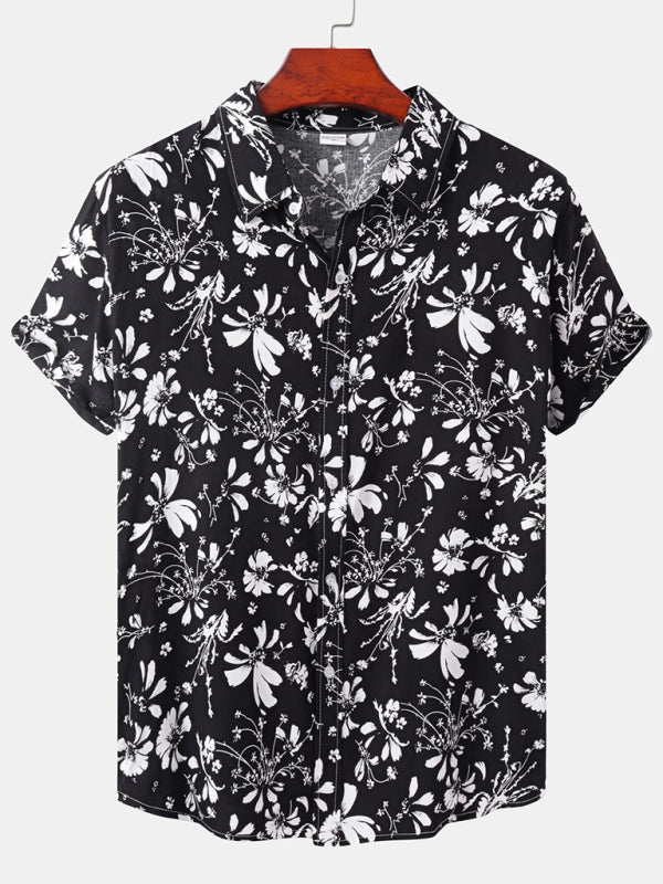 Men’s Short Sleeve European Size Shirt Beach Wind Vacation Wind Hawaiian Shirt - Black / M