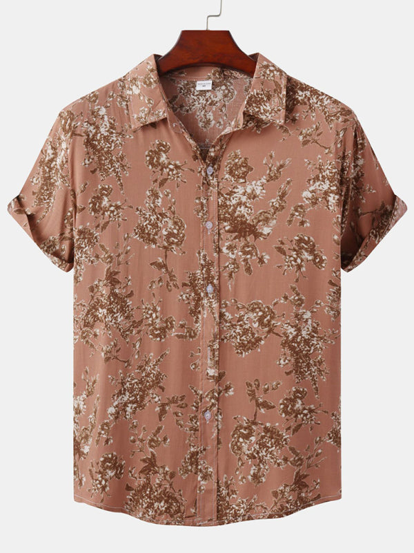 Men’s Short Sleeve European Size Shirt Beach Wind Vacation Wind Hawaiian Shirt - Khaki / M