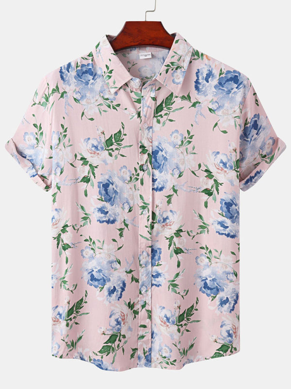 Men’s Short Sleeve European Size Shirt Beach Wind Vacation Wind Hawaiian Shirt - Pink / M