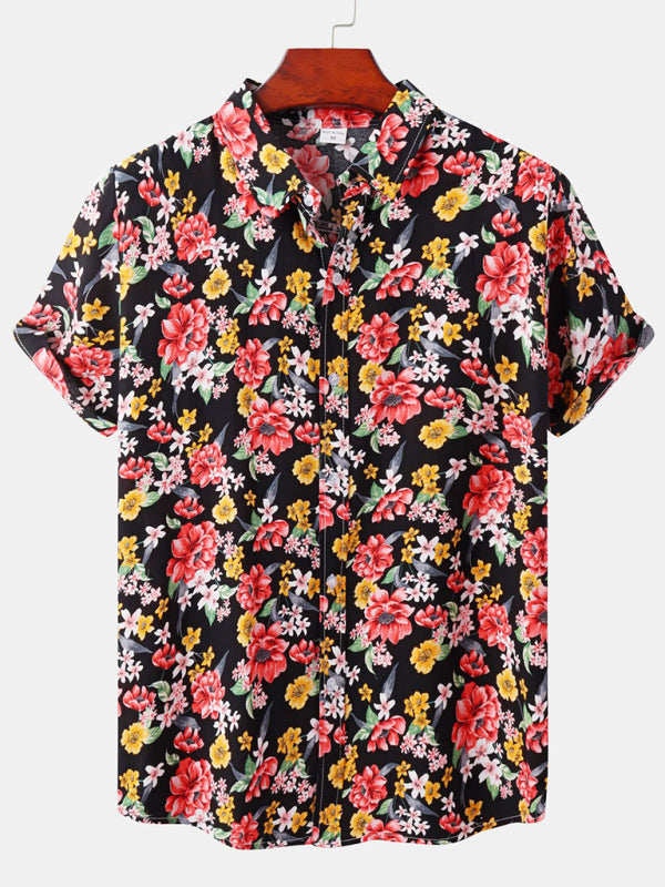 Men’s Short Sleeve European Size Shirt Beach Wind Vacation Wind Hawaiian Shirt - Pink purple / M