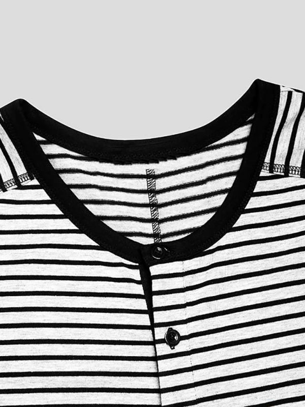 Men’s Slim Striped Print Crew Neck Button Long Sleeve Trousers One Piece Pajama