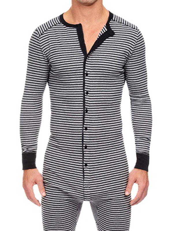 Men’s Slim Striped Print Crew Neck Button Long Sleeve Trousers One Piece Pajama