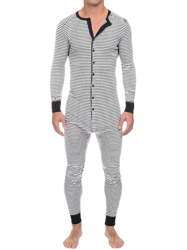 Men’s Slim Striped Print Crew Neck Button Long Sleeve Trousers One Piece Pajama - White stripes / S