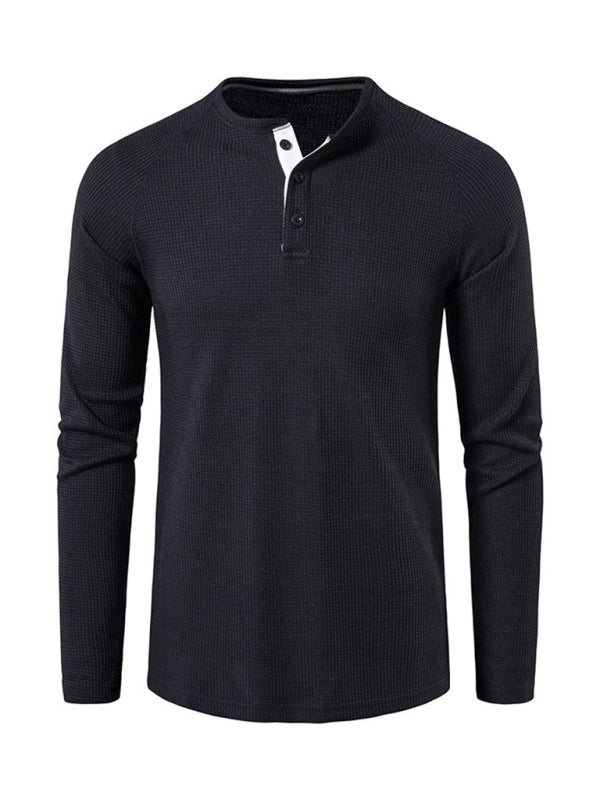 Men’s solid-color basic button-down long-sleeve T-shirt - Black / S