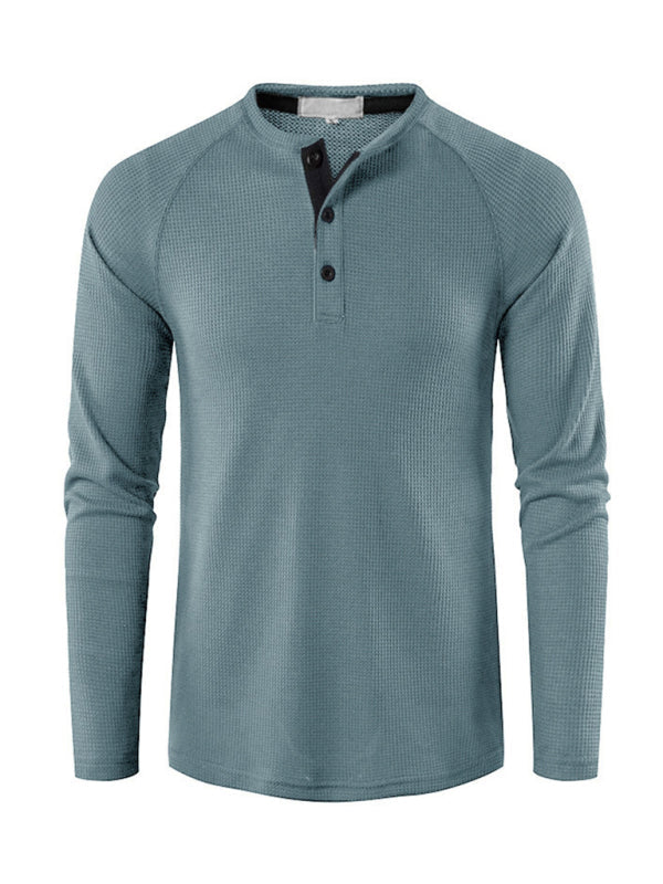 Men’s solid-color basic button-down long-sleeve T-shirt - Clear blue / S