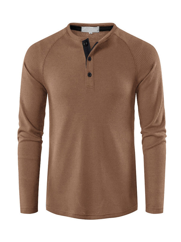 Men’s solid-color basic button-down long-sleeve T-shirt - Khaki / S