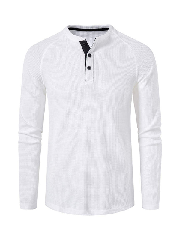 Men’s solid-color basic button-down long-sleeve T-shirt - White / S