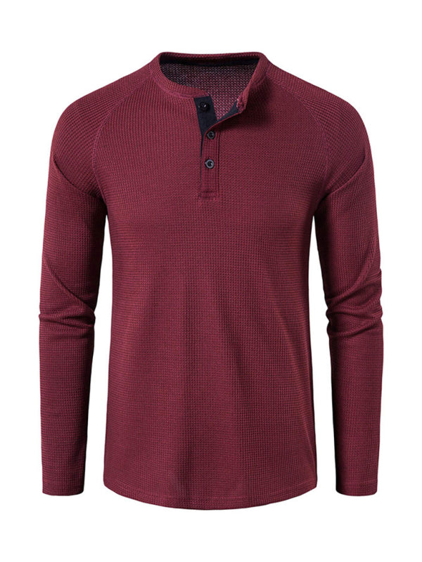 Men’s solid-color basic button-down long-sleeve T-shirt - Wine Red / S