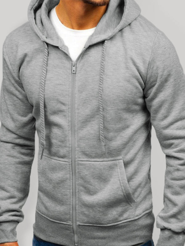 Men’s Solid Color Basic Zipper Hoodie - Grey / S