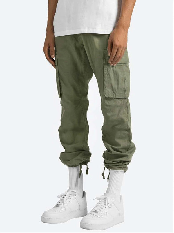 Men’s Solid Color Cargo Pocket Casual Trousers - Green / M