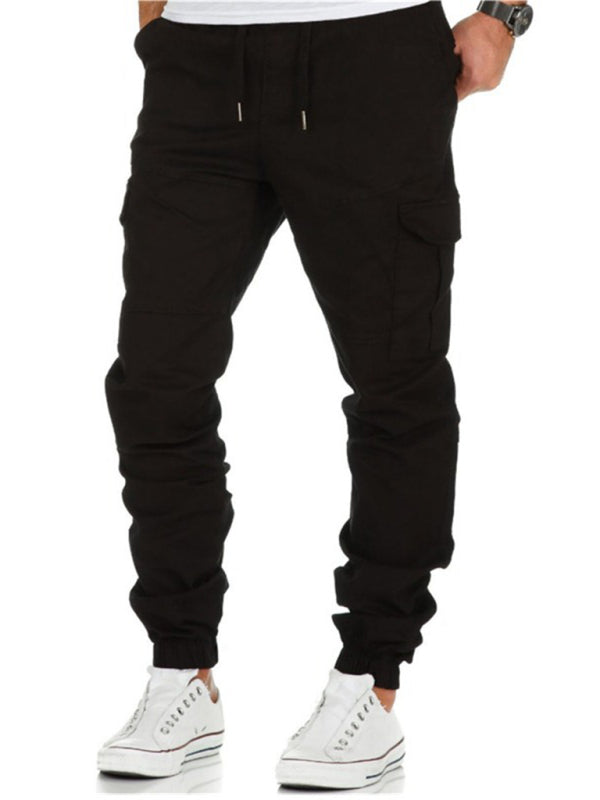 Men’s Solid Color Cargo Pocket Drawstring Casual Trousers - Black / M