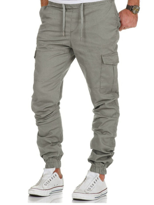 Men’s Solid Color Cargo Pocket Drawstring Casual Trousers - Green / M