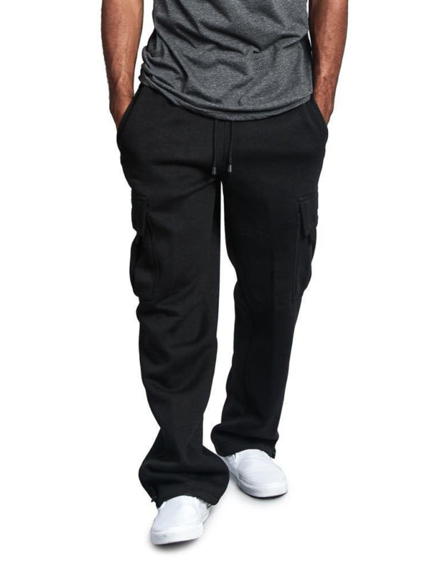 Men’s Solid color elastic waist multi-pocket loose fit cargo pants - Black / S