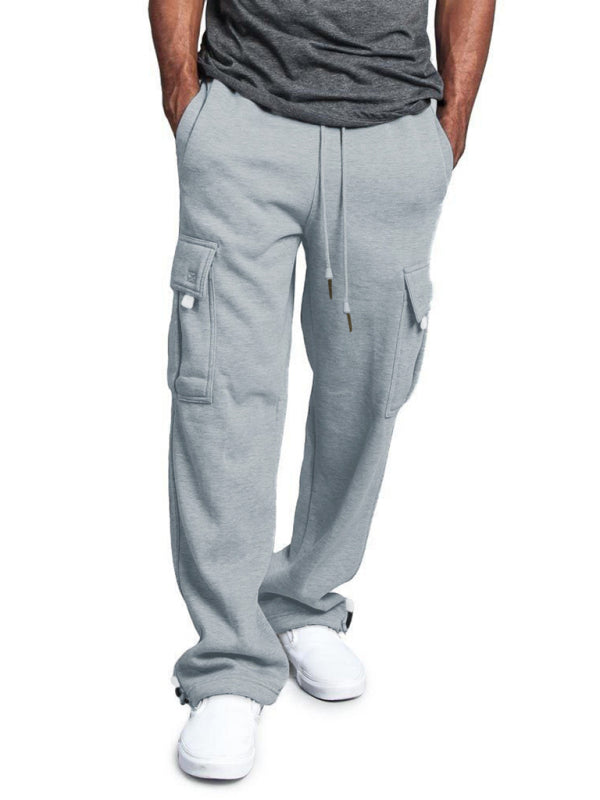 Men’s Solid color elastic waist multi-pocket loose fit cargo pants