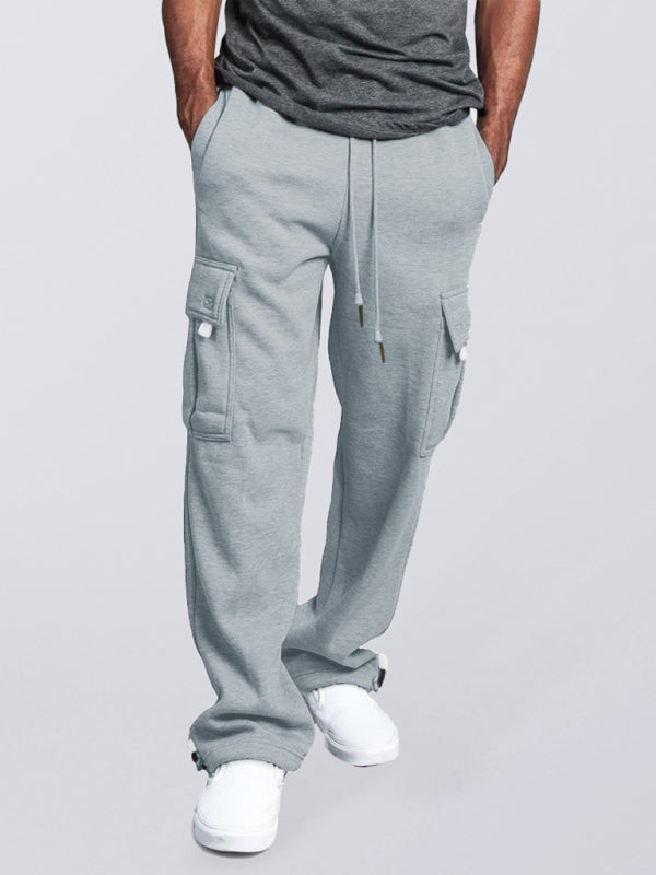 Men’s Solid color elastic waist multi-pocket loose fit cargo pants - Grey / S