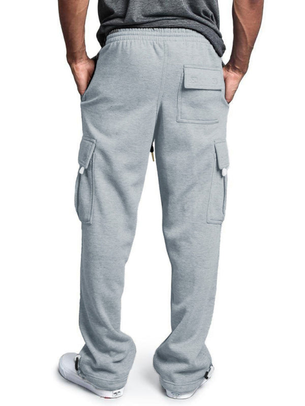 Men’s Solid color elastic waist multi-pocket loose fit cargo pants