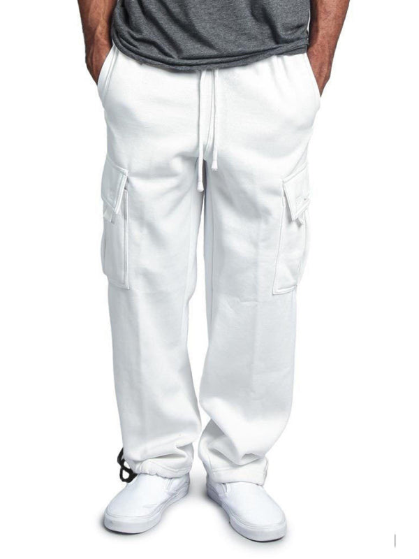 Men’s Solid color elastic waist multi-pocket loose fit cargo pants - White / S