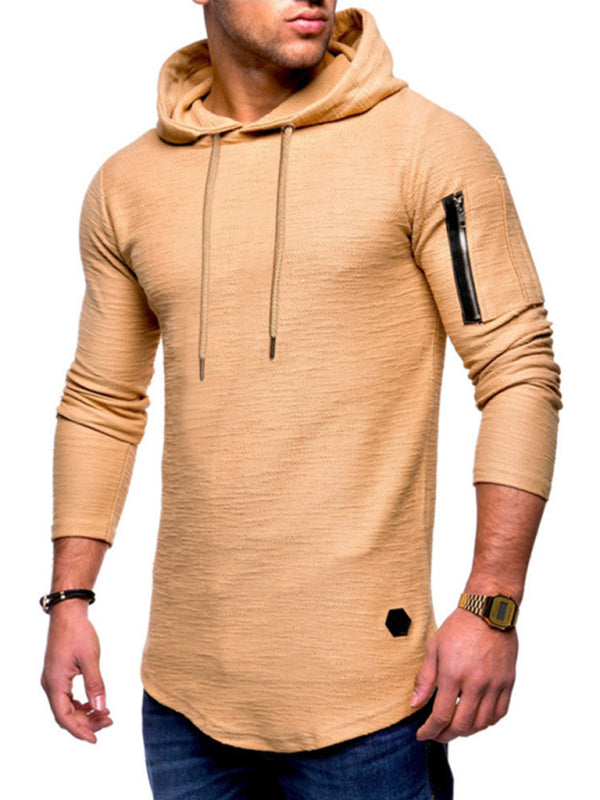 Men’s solid color hooded casual long-sleeve T-shirt - Khaki / M
