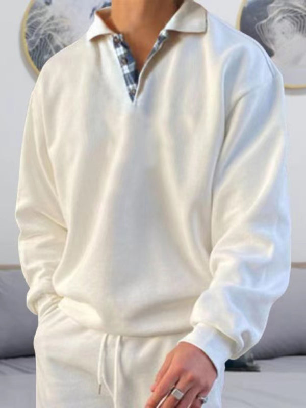 Men’s solid color lapel loose long-sleeved POLO shirt