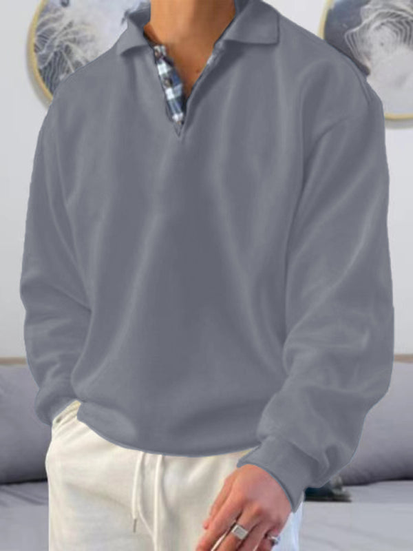 Men’s solid color lapel loose long-sleeved POLO shirt - Grey / S