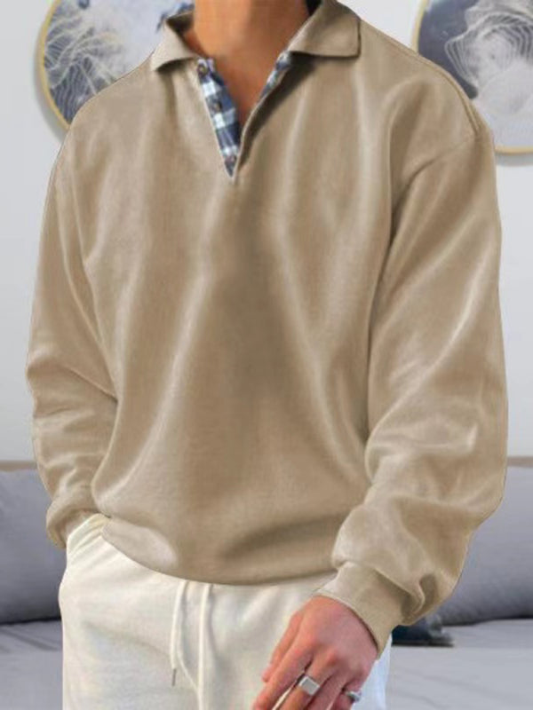 Men’s solid color lapel loose long-sleeved POLO shirt - Khaki / S
