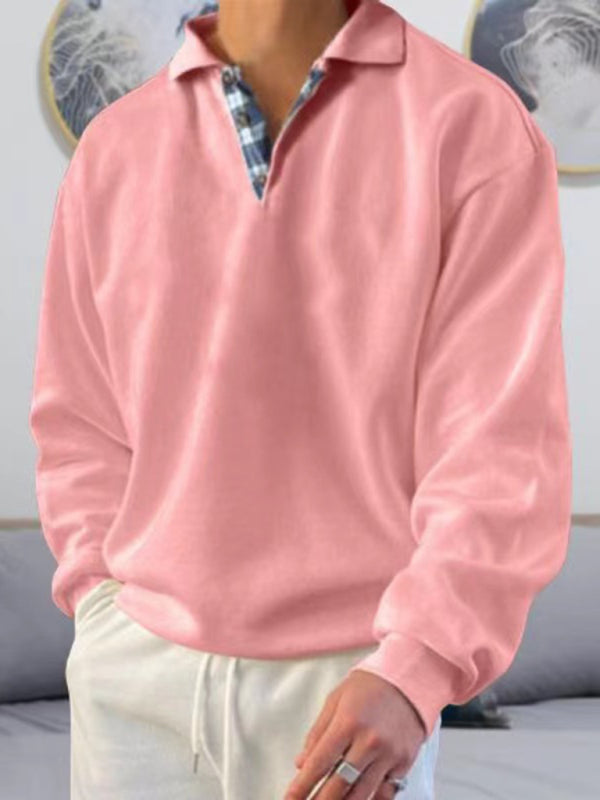 Men’s solid color lapel loose long-sleeved POLO shirt - Pink / S