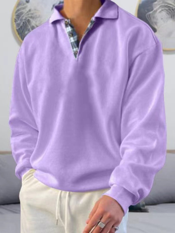 Men’s solid color lapel loose long-sleeved POLO shirt - Purple / S