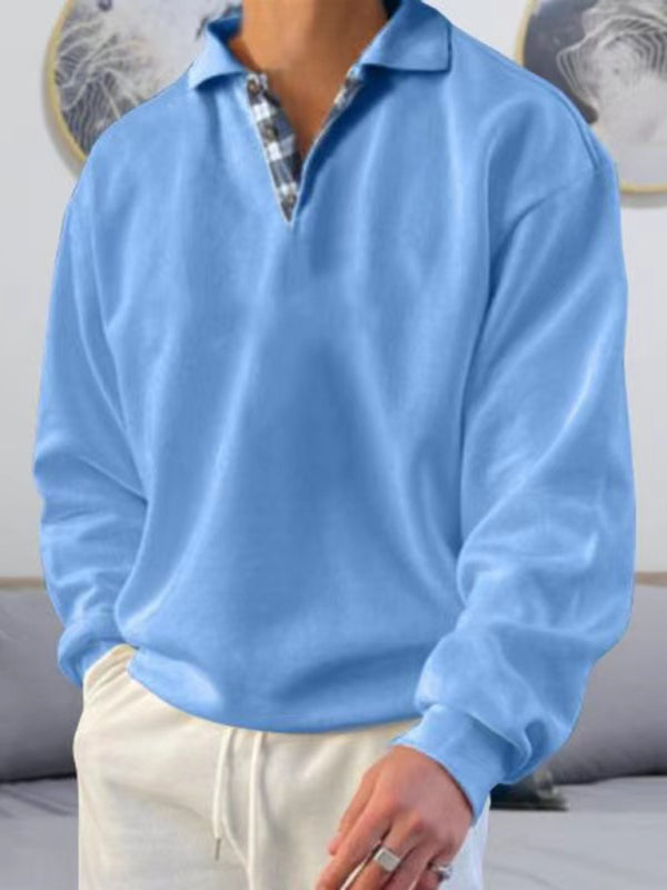 Men’s solid color lapel loose long-sleeved POLO shirt - Sky blue azure / S