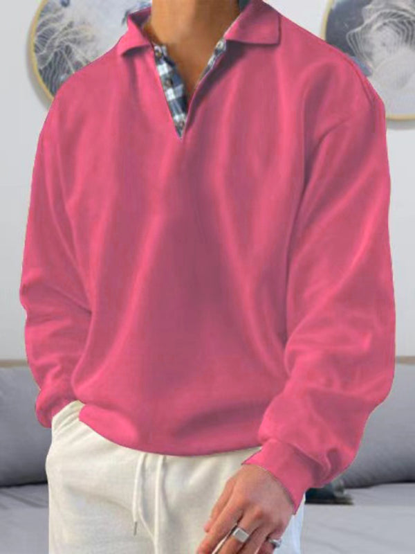 Men’s solid color lapel loose long-sleeved POLO shirt - Wine Red / S