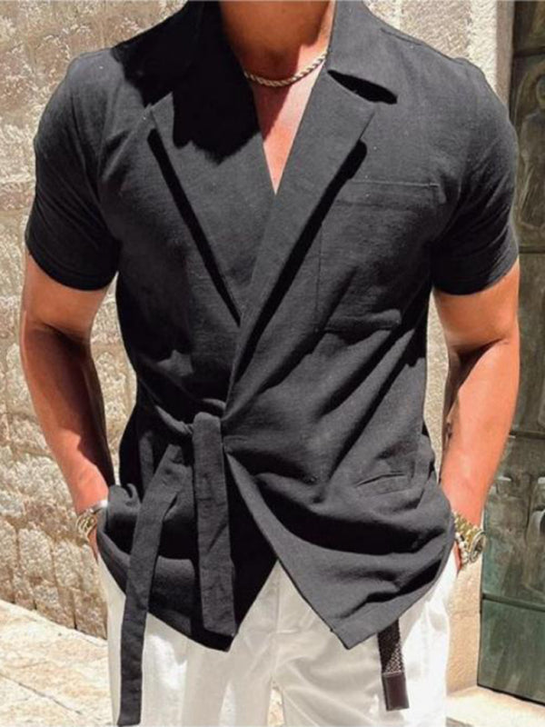 Men’s solid color suit lace lace short -sleeved shirt - Black / M