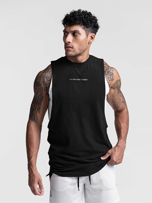 Men’s sports trendy brand loose big slit solid color sleeveless quick-drying vest - Black / M