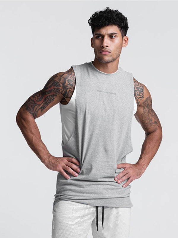 Men’s sports trendy brand loose big slit solid color sleeveless quick-drying vest - Grey / M